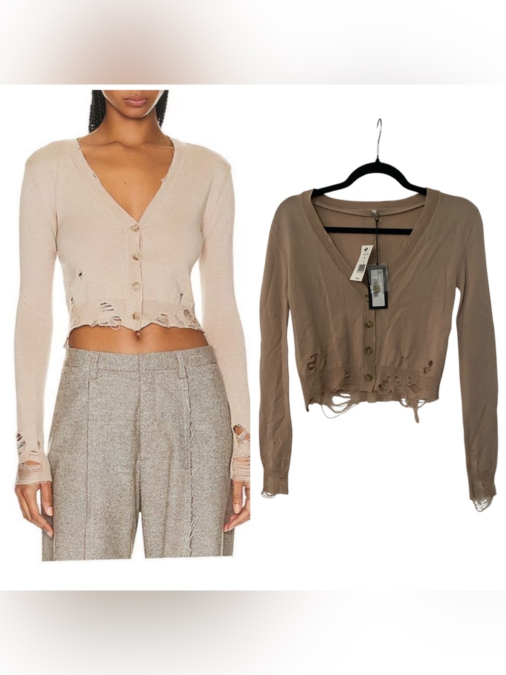 NWT R13 Distressed Cropped Baby V-Neck Cardigan - Tan XS